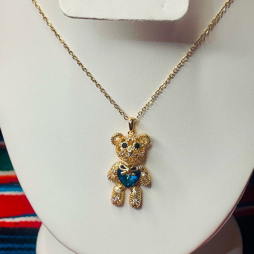 Gold Teddy Bear Pendant Necklace with Blue Heart